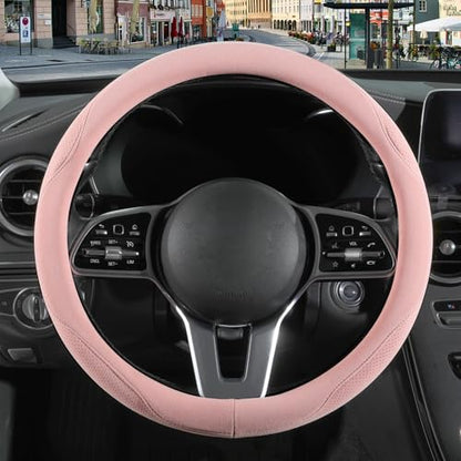 14 inch Pink Suede Steering Wheel Cover, Breathable Non-Slip Sweat-Proof Wear-Resistant No Pilling, Warm in Winter and Cool in Summer - color: Pink, size: Round-S[13.5''-14'']