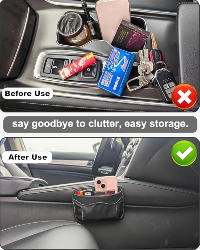 Reusable Adhesive Small Car Seat Side Pocket Organizer, No Residue Removable PU Leather Car Storage bag, Universal Vehicle Door & Console Pouch for Phone Keys Wallet etc, Black
