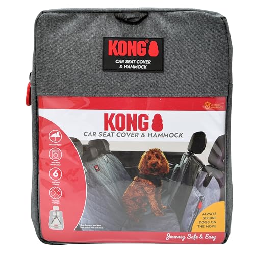 KONG Dog Car Seat Cover & Hammock 2-in-1 for Cars & SUV’s - Seat Protector Against Pet Fur & Dirt - Waterproof & Non-Slip with Mesh Visibility Window