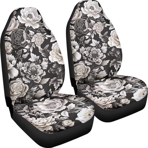 Black White Flower Universal Front Seat Covers, Pack of Two Easy to Install Fit for Trucks Vans SUV Sedans Automotive Comfortable - color: Black White Flower