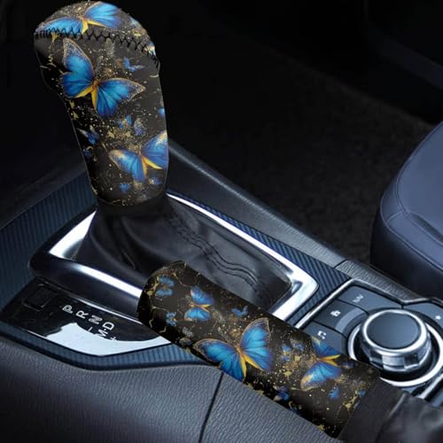 Horeset Blue Butterfly Car Gear Shift Knob and Hand Brake Cover, Universal Automotive Gear Lever Handle Protector Cover Auto Interior Handle Grip Protection Sleeve Accessories - color: Blue Butterfly