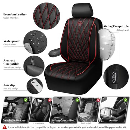 CAR PASS Piping Luxury PU Leather Two Front Car Seat Covers, Waterproof Anti Slip Seat Covers Compatible with Front Seat Armrests,Universal Fit for Suvs,Vans,Trucks,Airbag Compatible(Black and Red) - color: Black and Red, size: Two Front