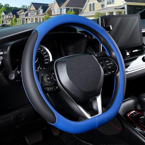 SEG Direct D Shaped Steering Wheel Cover for 14.5-15 inch Flat Bottom Wheels, Breathable Perforated Microfiber Leather, Anti-Slip Grip, Universal Fit for Cars & SUVs, Black and Blue - color: Black & Blue, size: D-shaped