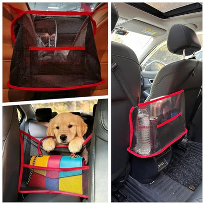 Car Storage Bag, Auto Net Pocket Handbag Holder, Driver Storage Netting Pouch for Document Phone Tissue Purse Storage, Organizer Mesh Bag Between Two Seats, Backseat Pets Barrier, Red