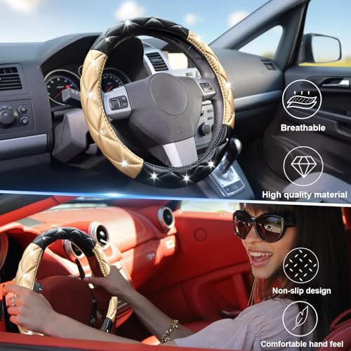 Black and Gold Steering Wheel Cover, Auto Cute Diamond Bling Soft Comfort Leather Car Interior Accessories Protector Sparkly Fit Most O-Shaped Steering Wheels
