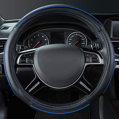 Car Pass Colour Piping Leather Universal Fit Steering Wheel Cover,Perfectly fit for 14.5-15 inches Suvs, Vans, Trucks, Sedans, Cars (Black&Blue) - color: Black and Blue