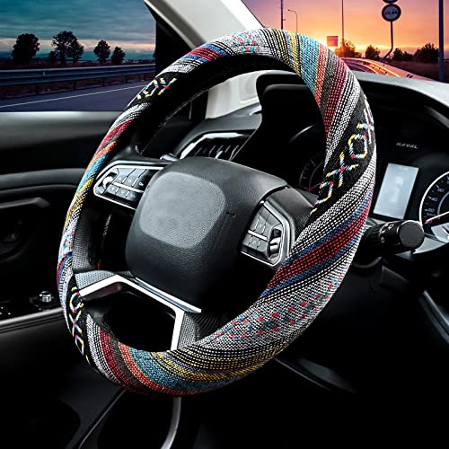 Valleycomfy Cloth Steering Wheel Covers for Women Bohemian Universal 15 inch Baja Blanket Enthic Grey - color: ClothC