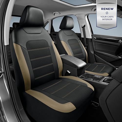 PIC AUTO Car Seat Covers, Premium Leather and Air Mesh Automotive Sports Seat Covers Full Set, Front and Rear Bench, Airbag Compatible Universal Fits Most Cars, SUVs, Trucks and Vans (Black & Beige) - color: Black & Beige, size: Full Set