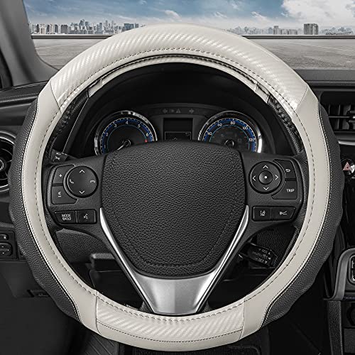 Motor Trend UltraSport White Carbon Fiber Steering Wheel Cover, Standard 15 inch Size, Black Faux Leather Comfort Grip, Car Steering Wheel Cover for Auto Truck Van SUV - color: White UltraSport, size: Fits 14.5 - 15" SW