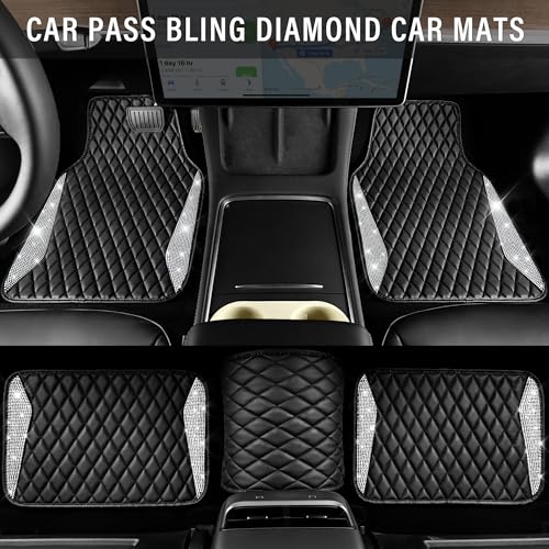 CAR PASS Bling Leather Car Mats Shining Diamond Floor Mats Crystal Rhinestone Sparkly Glitter Carpet Anti-Slip Waterproof Pad Universal Fit Automotive SUV, Sedan, Van, 5pcs Girl Women, Black Silver - color: Black Leather White Diamond