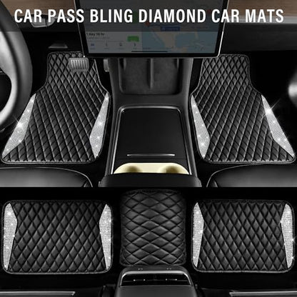 CAR PASS Bling Leather Car Mats Shining Diamond Floor Mats Crystal Rhinestone Sparkly Glitter Carpet Anti-Slip Waterproof Pad Universal Fit Automotive SUV, Sedan, Van, 5pcs Girl Women, Black Silver - color: Black Leather White Diamond