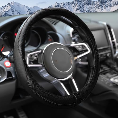 Steering Wheel Cover,Car Accessories 14.5-15 Inch Leather Steering Wheel Cover,Anti-Slip Breathable Microfiber Leather Covers,Warm in Winter and Cool in Summer,Fit for Suvs (Black) - color: Black