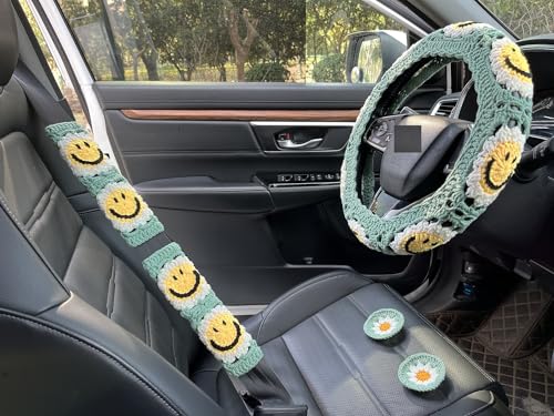 Handmade Crochet Sun Car Steering Wheel Covers Universal 14-15 inch,Cute Steering Wheel Cover,Car Accessories (Sun Wheel Cover+2belt Cover+2Coaster+Hanging) - color: Sun wheel cover+2belt cover+2Coaster+hanging