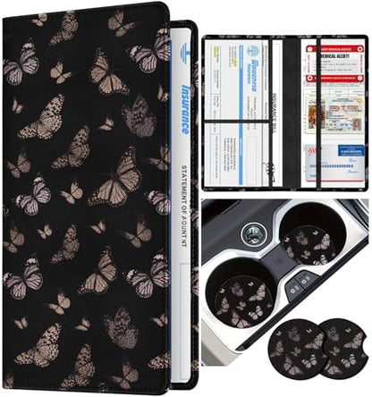 Slohif Car Registration and Insurance Holder - Butterfly Vehicle Glove Box Organizer Women with Magnetic Shut Leather Automobile License Holders Coasters Auto Accessories Case for Document - color: Romantic Butterflies