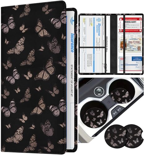 Slohif Car Registration and Insurance Holder - Butterfly Vehicle Glove Box Organizer Women with Magnetic Shut Leather Automobile License Holders Coasters Auto Accessories Case for Document - color: Romantic Butterflies