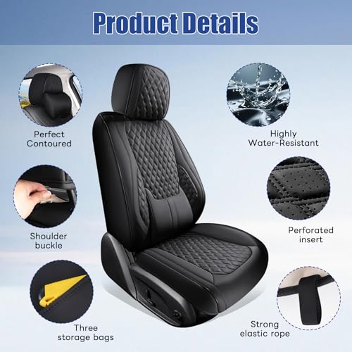5 Car Seat Covers with Neck Pillow, Front Covers for Cars, Car Seat Cover Front Seats, Car Seat Protector Waterproof, Leather Car Seat Cushion, Universal Interior Seat Covers for Most Cars (7PCS )
