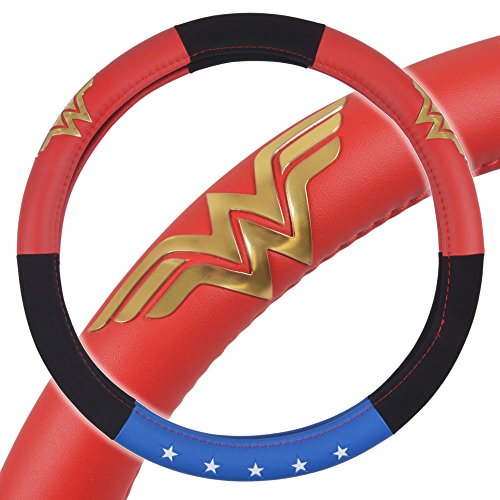 BDK Wonder Woman Steering Wheel Cover - Synthetic Leather - Stars & Gold Logo - Fits All Standard Size Wheel 15 Inch, Model Number: WBSW-1904 - style: Wonder Woman - Three tone