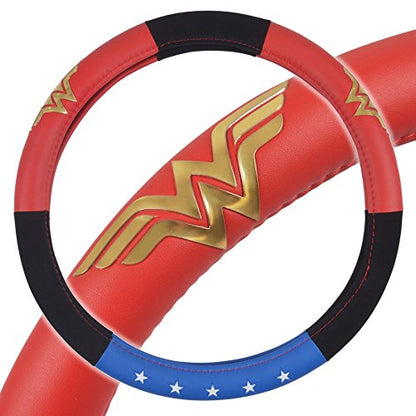 BDK Wonder Woman Steering Wheel Cover - Synthetic Leather - Stars & Gold Logo - Fits All Standard Size Wheel 15 Inch, Model Number: WBSW-1904 - style: Wonder Woman - Three tone