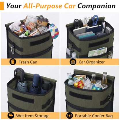 Car Trash Can with Lid, 100% Leak-Proof Removable Liner, Collapsible Automotive Garbage Bin & Organizer with Storage Pockets, Universal Fit for SUV, Truck, RV (Military Green) - color: Military Green