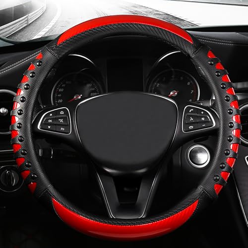 3D Massage Red Carbon Fiber Leather Steering Wheel Cover, 14.5-15 Inch Non-Slip Breathable Microfiber Car Steering Wheel Protector - color: 3D Massage - Sports Red