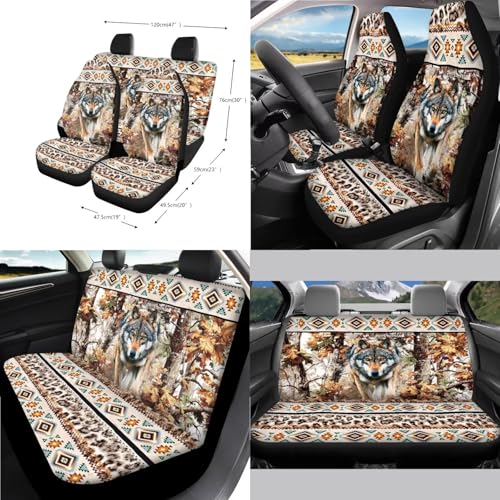 Wanyint Car Seat Cover Full Set 14 PCS, with Steering Wheel Seat Belt Pad Garbage Bin Armrest Pad Rearview Mirror Handbrake Cover Set Coaster Auto Decor, Aztec Wolf Camo Hunting Forest - color: Aztec Wolf Camo Hunting Forest