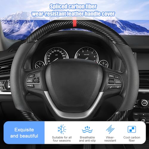 Car Steering Wheel Cover, 14.5-15" Carbon Fiber Vehicle Steering Wheel Protector with Non-Slip Lining, Breathable Auto Interior Decoration Accessories, Universal for Vehicles (Black)