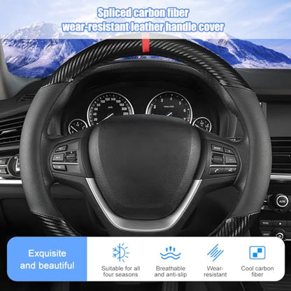Car Steering Wheel Cover, 14.5-15" Carbon Fiber Vehicle Steering Wheel Protector with Non-Slip Lining, Breathable Auto Interior Decoration Accessories, Universal for Vehicles (Black)