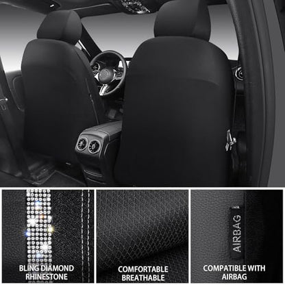 CAR PASS Memory Foam Mesh Bling Diamond Car Seat Cover 2 Front Seat Breathable Soft Sponge Universal Shining Glitter Sparkly Crystal Fit Armrest Automotive Truck SUV Cute Women Girl, Silver Rhinestone - color: Silver Mesh, size: Two Front Seats