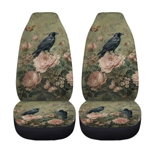 Raven Crow Butterfly Peony Flower Print Car Seat Covers, 2 Pcs Washable Auto Interior Accessories Car Front Seats Protectors, Breathable Automotive Seat Cushion for Most Vehicles - color: Raven Crow Butterfly Peony Flower
