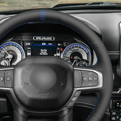 MEWANT Custom DIY Black Artificial Leather Steering Wheel Cover for Dodge Ram 1500 Laramie Big Horn 2019-2021 - color: Black Artificial Leather&Blue Laser Stripe