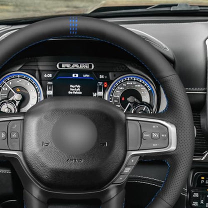 MEWANT Custom DIY Black Artificial Leather Steering Wheel Cover for Dodge Ram 1500 Laramie Big Horn 2019-2021 - color: Black Artificial Leather&Blue Laser Stripe
