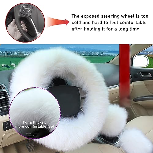 Ziciner 3PCS Wool Steering Wheel Cover with Fuzzy Handbrake Cover & Gear Shift Cover, Universal 15 Inch Steering Wheel Fluffy Soft Protector, Comforting Warm Car Decoration for Women Men (White) - style: White
