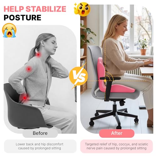 Ergonomic Seat Cushion, Office Chair Seat Cushions with L-Shaped Integrated Design, Memory Foam Orthopedic Cushion with Coccyx Hollow, Lumbar Support & Tailbone Pain Relief for Long Sitting (Pink) - color: Pink