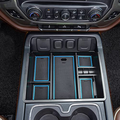 Center Console Organizer Tray Compatible with Chevy Silverado/GMC Sierra 1500/2500/3500HD 2014-2018,15-19 Silverado/Sierra 2500HD/3500HD Accessories Compartment,Full Console w/Bucket Seats ONLY,Blue - color: Blue Trim