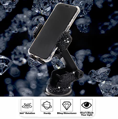 LYCARESUN Bling Car Phone Mount Holder,Shiny Crystal Rhinestone Phone Stand for Women and Girls, Car Accessories for Windshield Dashboard,Compatible with Most Cellphones (Black) - color: black