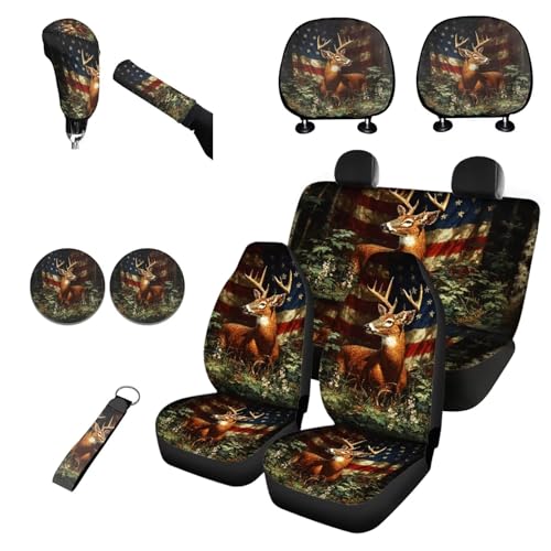Horeset American Flag 11Pcs Car Seat Cover with Headrest Cover+Cup Coasters+Handbrake Gear Shift Sleeve+Lanyards Key Chain Universal Fit Most Cars Interior Decor Sets Hunting Forest Deer - color: American Flag Hunting Forest Deer