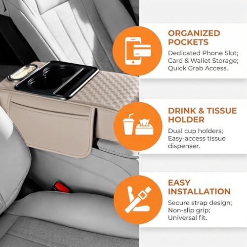 Car Center Console Armrest Pillow, 5-in-1 Armrest Box Cover with Cup Phone Holder & Storage Pocket Tissue Box, Multifunctional Auto Middle Console Arm Rest Protector, Universal Fit (White) - color: White