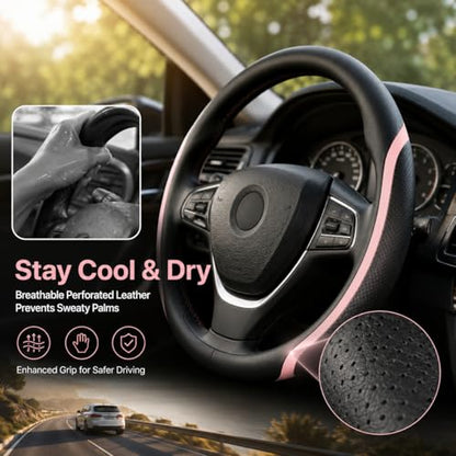 Steering Wheel Cover Black Pink, Leather Car Steering Wheel Covers with Coasters Universal 14.5-15 inch Microfiber Breathable Anti-Slip Steering Wheel Accessories Set - color: Pink, size: Medium