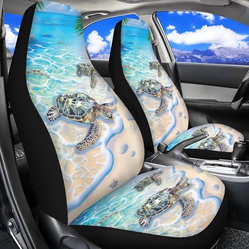 Dreaweet Beach Turtle Seat Covers for Cars 2 Piece Hawaiian Tropical Car Seat Cover Front Seats Only Universal High Back Bucket Seat Covers for Most Vehicle SUV Trucks - color: Beach Turtle