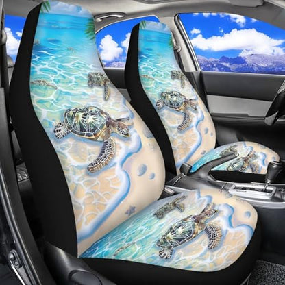 Dreaweet Beach Turtle Seat Covers for Cars 2 Piece Hawaiian Tropical Car Seat Cover Front Seats Only Universal High Back Bucket Seat Covers for Most Vehicle SUV Trucks - color: Beach Turtle