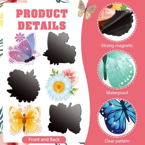 JSRQT 6 Pairs Decorative Screen Door Magnets,Double Sided Decals Stickers,Magnetic Patio Sliding Screen Door Bird Strike Protector,Butterfly Flowers Designs