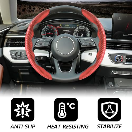 2pcs Universal Fit Carbon Fiber Steering Wheel Cover, Anti-Skid Steering Wheel Cover/Segmented Steering Wheel Protector/Car Interior Accessories (red) - color: red