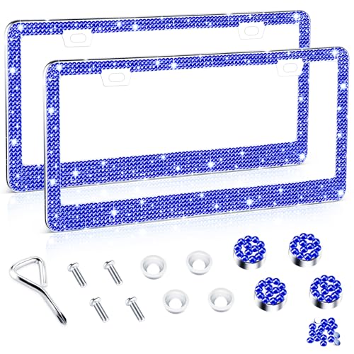 Amiss Bling License Plate Frame for Women, 2Pack Rhinestone Handcrafted Crystal Premium Stainless Steel, Stainless Steel Car Decorative Accessories with Diamond Sparkle Glitter Caps (Blue) - color: Blue, size: 2pc