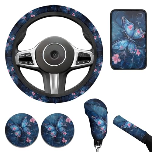 Blue Butterfly Print 6pcs Car Steering Wheel Cover Set Flower Cup Coaster Handbrake Gear Cover Armreat Cushion Car Interior Decor Protector Fit for SUV Truck Sedan - color: blue Butterfly