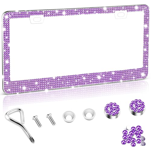 Amiss Bling License Plate Frame for Women, 1Pack Rhinestone Handcrafted Crystal Premium Stainless Steel, Stainless Steel Car Decorative Accessories with Diamond Sparkle Glitter Caps (Purple) - color: Purple, size: 1pc