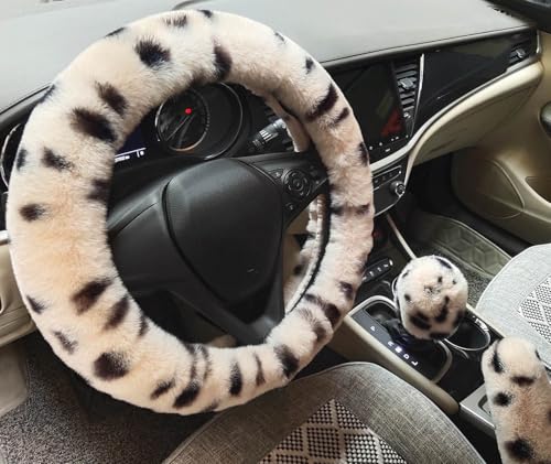 3Pcs/Set Fashion Faux Wool Fur Furry Steering Wheel Cover,Short Hair Soft Fluffy Handbrake Cover,Gear Shift Cover,Universal Thickening Fuzzy Warm Non-Slip Auto Interior (KhakiLeopardDot, Manual) - color: KhakiLeopardDot, size: Manual