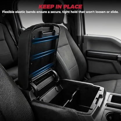 FREESOO Center Console Armrest Cover for Ford F150 2015-2020, Compatible with 2017-2022 F250 F350 F450 F550, 2018-2024 Expedition, PU Leather Cushion Thick Pad, Black (Bucket Seat Only)