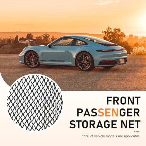 Car Front Seat Organizer, Passenger Seat Elastic Organizer Net with Buckle, Multifunctional Storage Net for Phone, Bottles, Toys, Universal for Cars, Trucks, SUVs (Black)