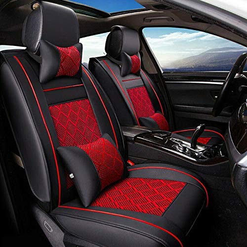 Universal PU Leather Car Seat Cover Full Set w/Pillows 5-Seats SUV Seat Cover Front Rear (Black/Red Mesh) - color: Black/ Red Mesh