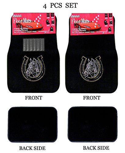 Universal Fit Car Truck Front/Rear 4-Piece Full Set Crystal Bling Rhinestone Studded Black Carpet Floor Mats (Horse Shoe/Black) - color: Horse Shoe/Black